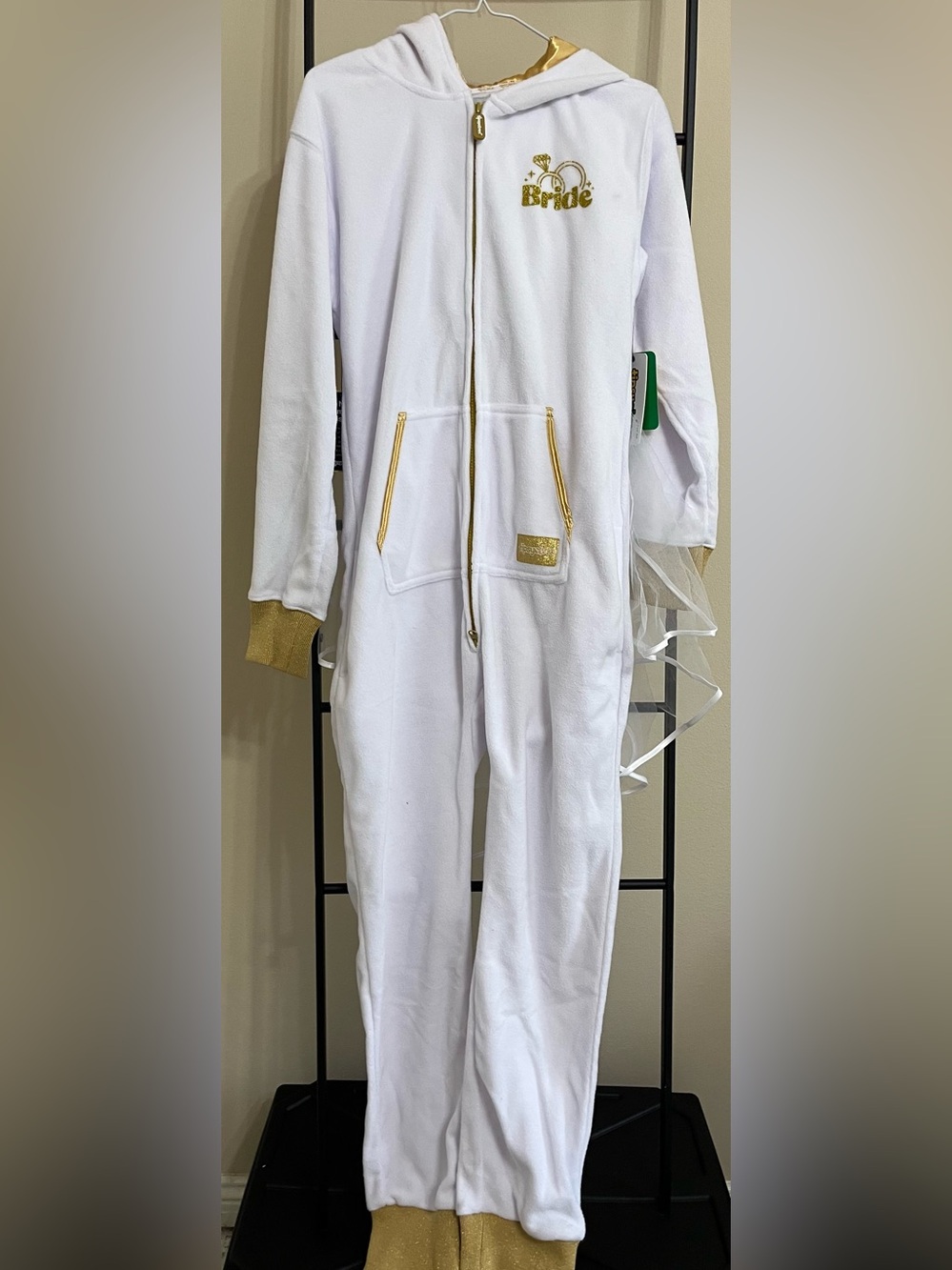 Tipsy Elves Bride Wedding Bachelorette Fleece Jumpsuit Onesie Hooded NWT Size S